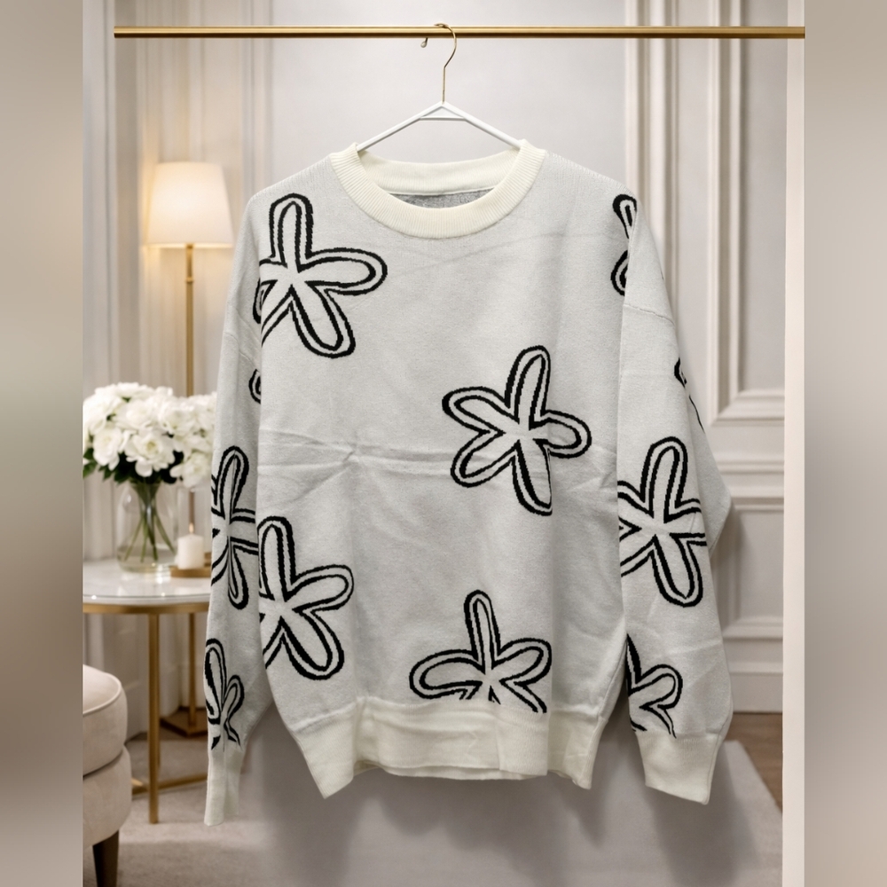 NWOT Boutique White and Grey Size Large Sweater with Black Flower Pattern